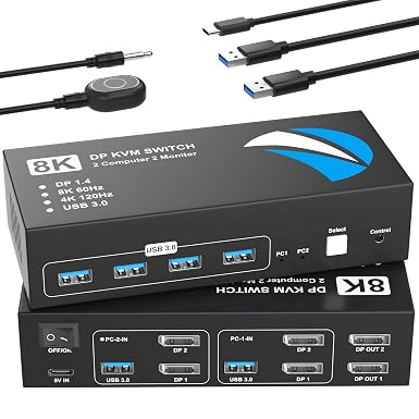 8K@60Hz KVM Switch 2 Monitors 2 Computers Display Port, KVM Switches Dual Monitor with 4 USB 3.0 Ports Sharing Keyboard Mouse Printer, Computer Switch for 2 Computers, Displayport Switch 2 in 2 Out