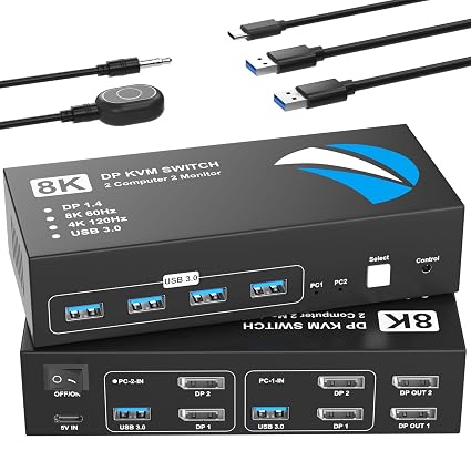 8K@60Hz KVM Switch 2 Monitors 2 Computers Display Port, KVM Switches Dual Monitor with 4 USB 3.0 Ports Sharing Keyboard Mouse Printer, Computer Switch for 2 Computers, Displayport Switch 2 in 2 Out