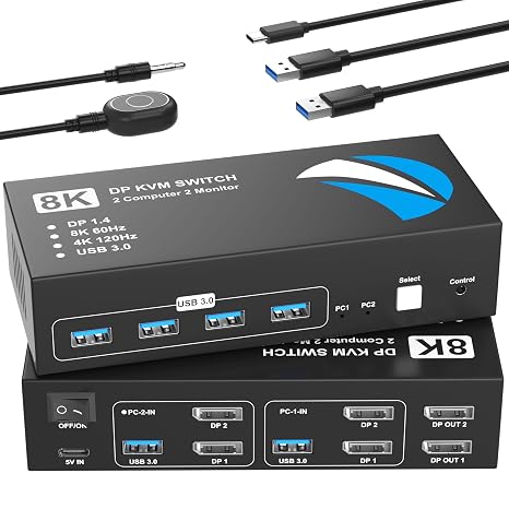 8K@60Hz KVM Switch 2 Monitors 2 Computers Display Port, KVM Switches Dual Monitor with 4 USB 3.0 Ports Sharing Keyboard Mouse Printer, Computer Switch for 2 Computers, Displayport Switch 2 in 2 Out