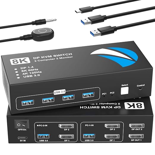 8K@60Hz KVM Switch 2 Monitors 2 Computers Display Port, KVM Switches Dual Monitor with 4 USB 3.0 Ports Sharing Keyboard Mouse Printer, Computer Switch for 2 Computers, Displayport Switch 2 in 2 Out