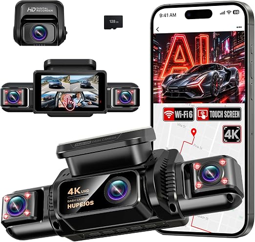 HUPEJOS AI 4K Dash Cam Front and Rear, 360° View 4 Channel Camera for Car