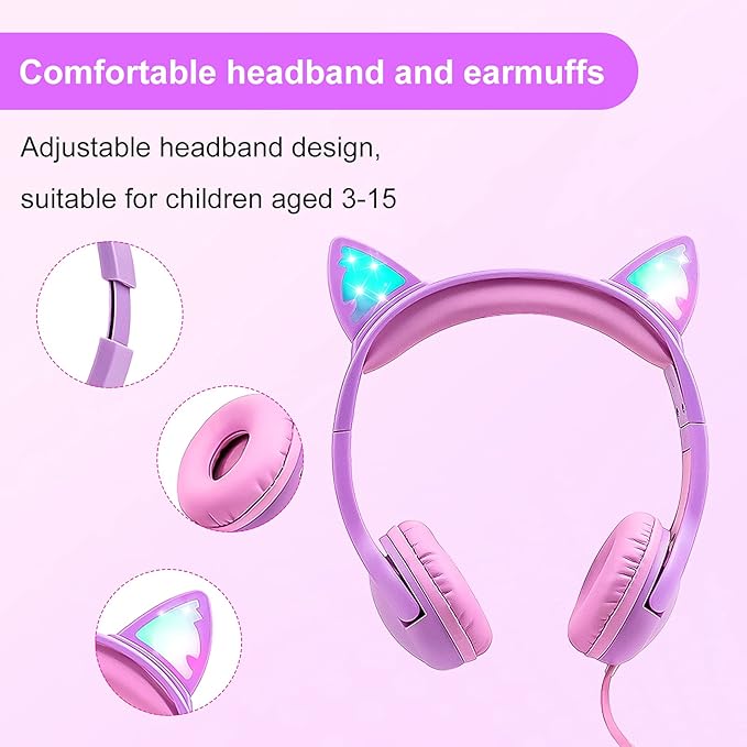 Olyre Kids Headphones, Safe 85db Volume Control Light Up Cat Ear Headphones for iPad Fire Tablet Kindle, On-Ear LED Children Headphones for School Learning Travel - Purple/Pink