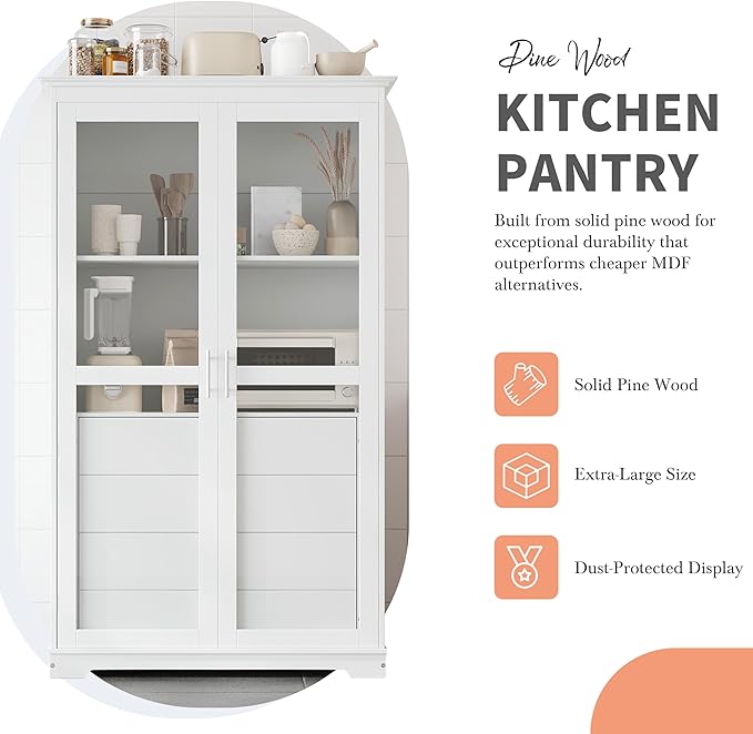 Kitchen Pantry Cabinet 44.7Wx20Dx75H inch, Freestanding Storage Display Cabinets with Glass Doors and 4 Built-in Drawers for Living Room, Home Office,White