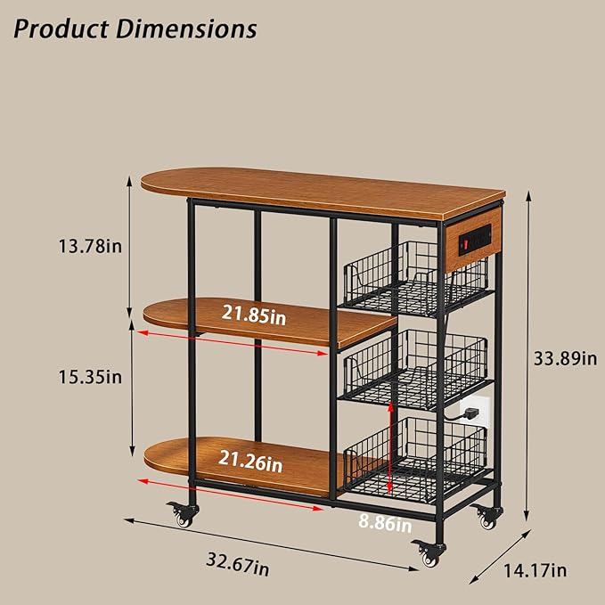 LINZINAR Kitchen Bakers Rack with Power Outlet Coffee Bar Table 3 Tiers Microwave Oven Stand with Wheels Pull-Out Wire Basket Kitchen Storage Shelf Rack for Spices Pots and Pans (Redbrown, 3Tier)