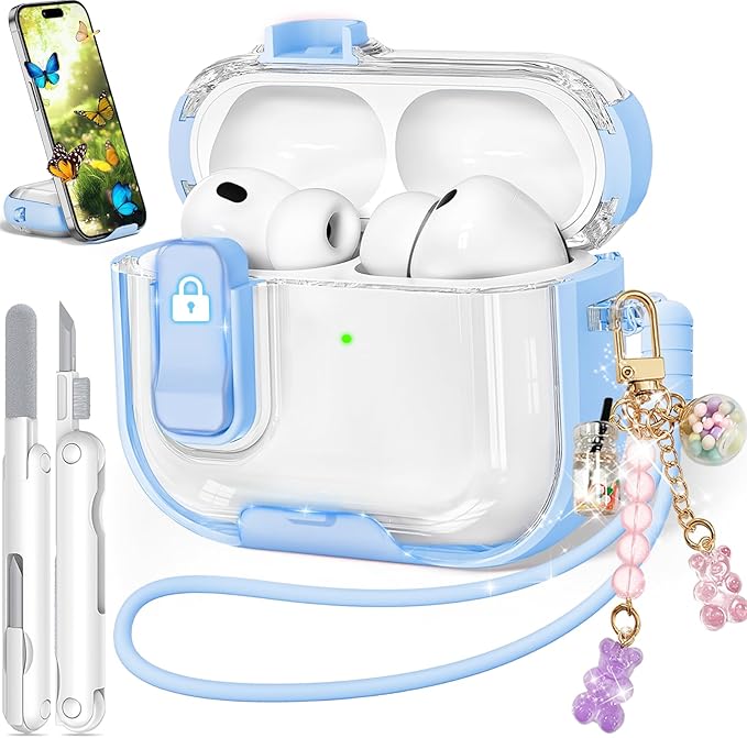 for Airpods Pro 3 Case 2025, Anti-Yellowing Clear Case for Airpods Pro 3 with Secure Lock & Phone Stand, Soft TPU Drop Protection Cover with Cleaning Kit (Blue)