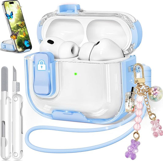 for Airpods Pro 3 Case 2025, Anti-Yellowing Clear Case for Airpods Pro 3 with Secure Lock & Phone Stand, Soft TPU Drop Protection Cover with Cleaning Kit (Blue)