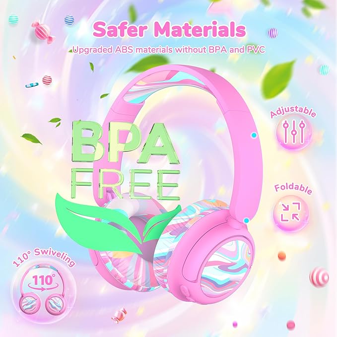 iClever BTH22 Kids Bluetooth Headphones, 60H Play Time, 74/85 dBA Safe Volume, Bluetooth 5.4, USB C, Over Ear Kids Headphones Wireless with Mic AUX Cord for iPad/Tablet/Travel/School, Pink-Stripe