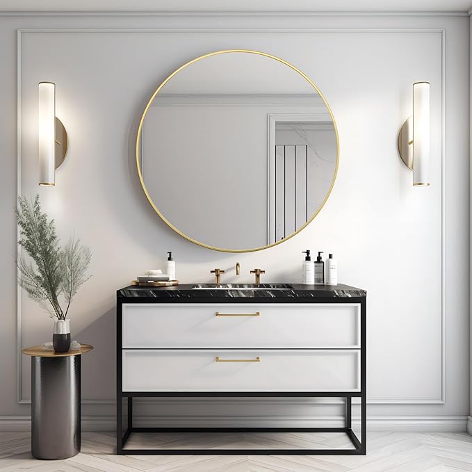 Growsun 48 inch Large Gold Round Mirror, Bathroom Mirror for Wall, Metal Frame Round Mirror for Fireplace Living Room Wall Decor