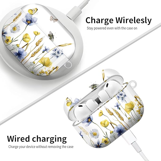 Compatible with AirPod Pro 3 (2025),Cute Case Cover for Women & Men, Full Protection Shockproof Hard Case with Keychain, Wireless Charging Case Accessories(Wildflowers Butterflies)