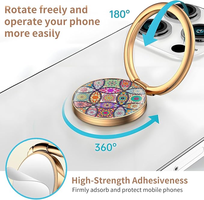Cell Phone Ring Holder, Cute Metal Phone Grip Stand Finger Ring Kickstand, Flexible 360°Rotation Phone Tablet Case Accessories Compatible with Most Phones Luxury Mandala Pattern