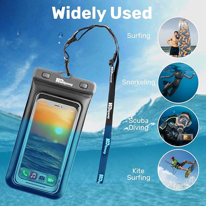 H2ODYSSEY Waterproof Phone Case and Lanyard - Excellent Waterproof Protection - Floats in The Water -Lanyard for Beach Kayak Travel - Universal Size - Black