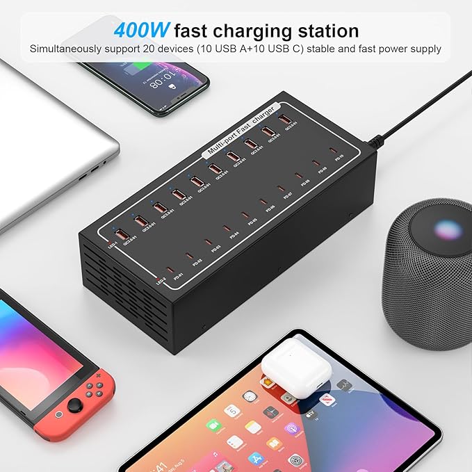 400W USB Charging Station, Charger with 10 PD Ports for MacBook Pro, iPhone, Smartphones, Tablets and Other Devices，Fast Compact Travel Adapter