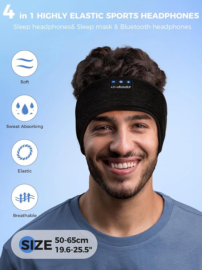 LC-dolida Sleep Headphones Bluetooth Headband, Sweat Resistant Sports Wireless Earphones, Ultra-Thin HD Stereo Black Headband Speaker Sleeping Eye Mask for Women Men Teen Running Cool Gadgets