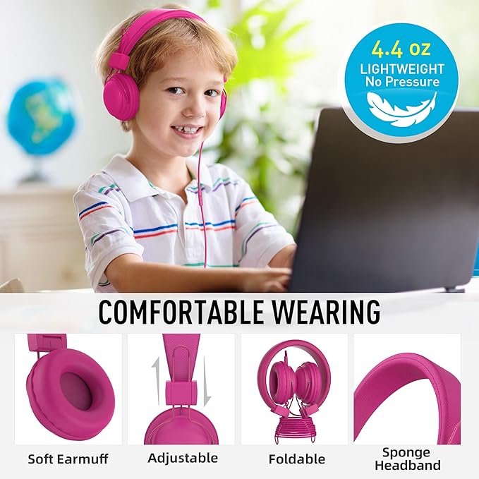 AILIHEN HD850 Classroom Headphones for Kids K-12 Students, School Wired Headphones with Microphone & 85dB Volume Limited & Sharing Function for Chromebook (Rose)