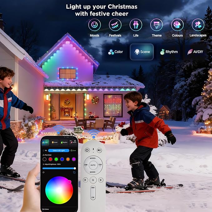 Permanent Outdoor Christmas Lights for House,100ft Smart RGB+IC Color Eave Lights,Tunable Warm to Cool White 60lm for Daily Lighting,IP67 Waterproof, Alexa Google APP Remote Control