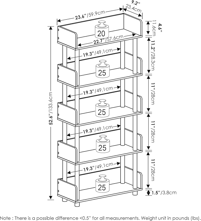 Furinno TURN-N-TUBE 4-Tier Display Shelf, Storage Shelves, Book Shelf, Open Shelves with Rounded Corner Top Edges, for Organization and Storage, Living Room, Home Office, French Oak