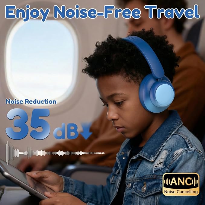 Active Kids Noise Cancelling Headphones, 60H Play Time Kids Bluetooth Headphones, Volume Limited, Bluetooth 6.0, USB C Charging, Headphones for iPad Tablet Airplane,Gradient Blue
