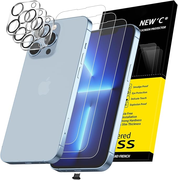NEW'C 3x for iPhone 13 Pro Screen Protector (6.1 inches)+ 3x Camera Lens Protector, Sensor Protection + Dust Plug - Case Friendly Tempered Glass Film, Ultra Resistant