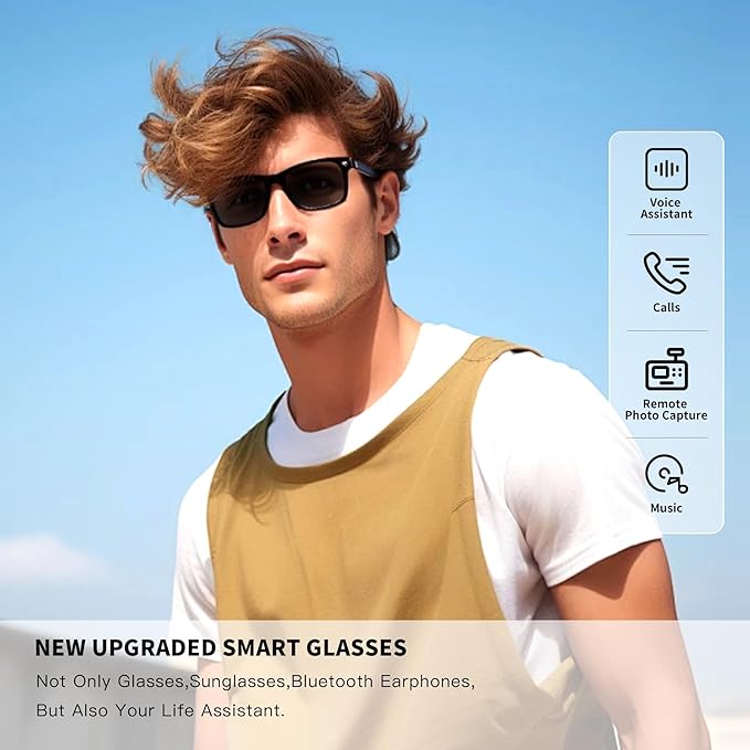 Smart Glasses, Bluetooth Sunglasses, New Upgraded Smart Glasses for Men/Women, Open Ear Speaker, Voice Assistant Compatible, Hands-Free Calls