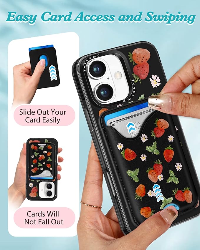 Toycamp for iPhone 16 Case - Compatible with Magsafe with Credit Card Holder Wallet Magnetic Girls Cute Girly Teens Kawaii Unique Strawberry Black Design Pretty Phone Cover for Apple 16 6.1"