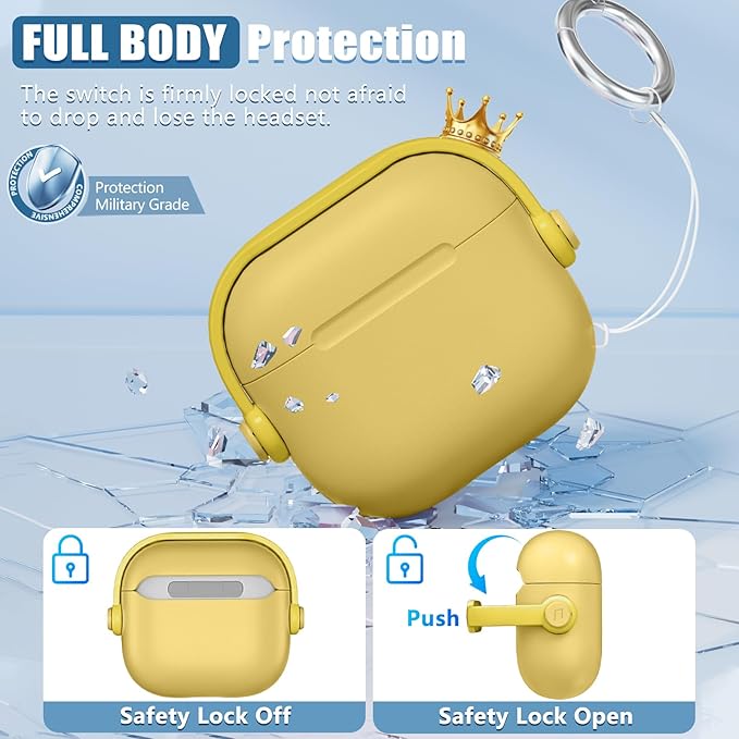 with Safety Lock for Airpods 4 Case, TPU Case for Apple Airpods 4 Case 2024 USB-C with Cleaner Kit, Drop Protection Airpods 4 Case Cover with Lock and Keychain, Lemon Yellow
