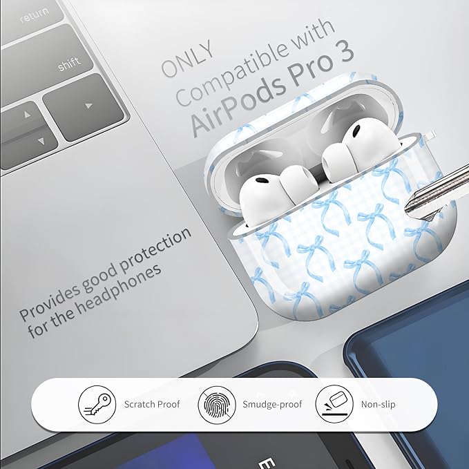 Compatible with AirPods Pro 3 (2025) Case, Airpod Pro 3 Protective Cover with Cute Golden Keychain for Girls & Women (Blue Bow)