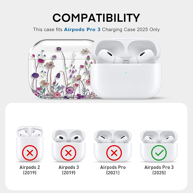 Maxjoy for AirPods Pro 3rd Generation Case, Clear AirPods Pro 3 Case for Women Girly Cute Soft AirPod Pro 3 Cover with Keychain Strap for AirPod Pro 3rd Gen Cover 2025, Purple Floral