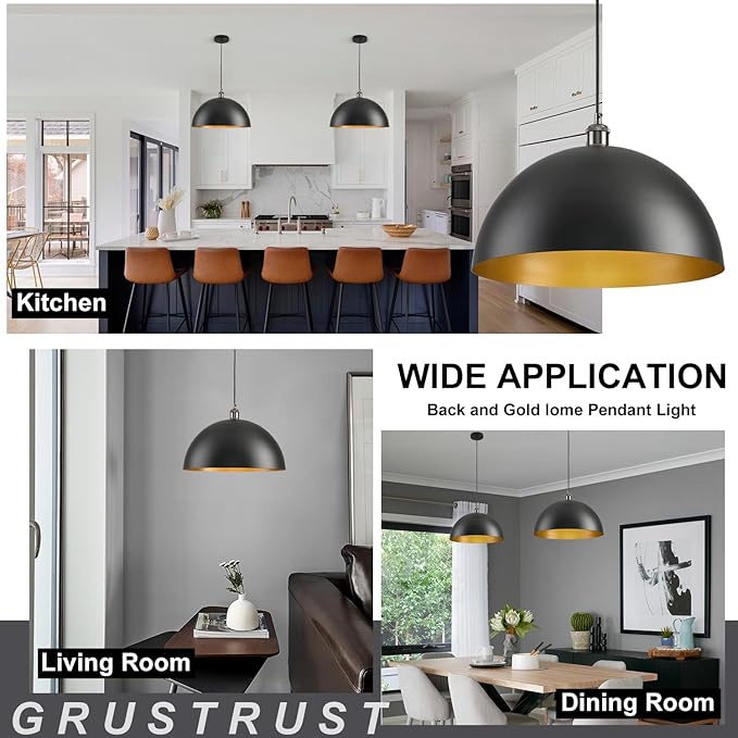 Black Dome Pendant Lights Kitchen Island, 17.72 Inch Black and Gold Pendant Light, Large Vintage Industrial Metal Farmhouse Pendant Light Fixture for Kitchen Island, Dining Room, Cafe, Bar, 2 Pack