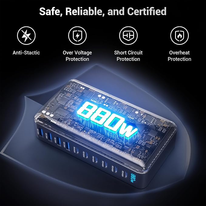 880W USB C Charger Block, 10-Port USB Fast Charging Station Hub, Desktop Charging Station for Multiple Devices for MacBook Pro/Air, DELL, iPad, iPhone, Samsung Galaxy