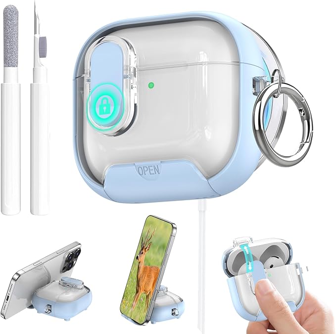 for Airpods 4 Case Clear,Secure Lock for Airpods 4th Generation Case Cover with Phone Stand and Magsafe Function,Auto Pop-up,Hybrid Protection Design with Carabiner&Cleaning Pen-Blue