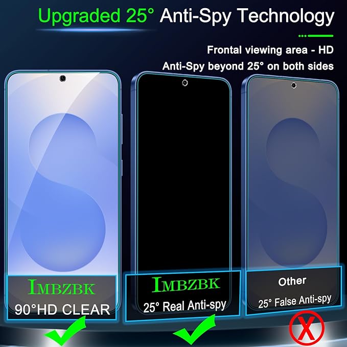 IMBZBK [Auto-Dust Removal] 3 Pack Privacy Screen Protector for Samsung Galaxy S25 [Phone Case Friendly], 3 Anti Spy Tempered Glass Camera Lens Protector Accessories, Military Grade Shatterproof