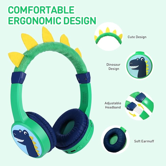 Dinosaur Wireless Headphones for Kids, Bluetooth Kids Headphones with Safe Volume 85dB, 3.5mm Wired Cable, Toddlers Boys Headset for iPad Tablet Home Travel