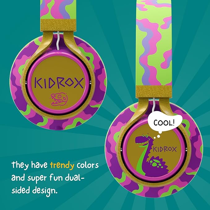 Kidrox® Dinosaur Headphones for Kids Wired with Microphone, Made to Last Durable and Flexible, Volume Limited 85/94db Kid Safe for Kids All Ages, Boys & Girls. Perfect for School or Travel. 3.5 Jack