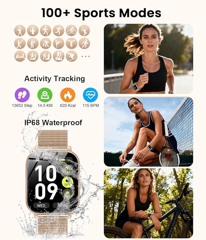 Smart Watch for Women, 1.83" HD Touch Screen Smartwatch, 1000mAh Battery, Bluetooth Calling, Heart Rate, SpO2, Sleep Monitor, 120+ Sports, IP68 Waterproof, 2 Bands Compatible iPhone Android, RoseGold