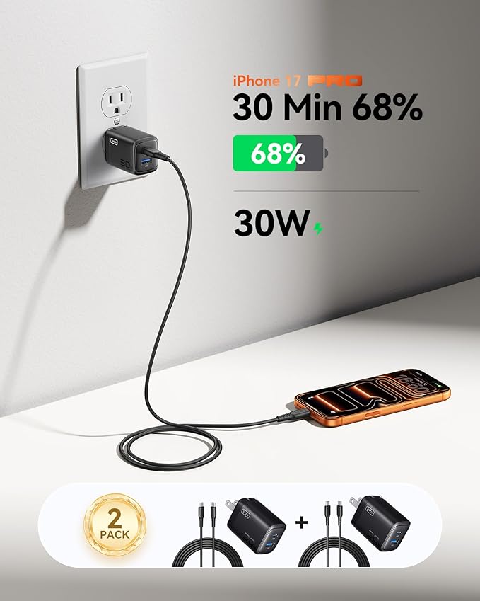 INIU USB C Charger Block, 30W 2-Pack PD Fast Charging, USB C + USB A iPhone 17 Charger with Foldable Plug, GaN Tech Type C Power Adapter for iPhone 17 16, IPad Air, Samsung S25, Family, Camping, Blue