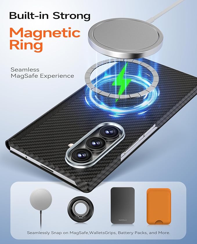 for Samsung Galaxy Z Fold 7 Leather Case, Carbon Fiber Magnetic Phone Case, Ultra-Slim Lightweight Protective Cover with Hinge Protection, MagSafe Compatible, Caseless Touch Feel
