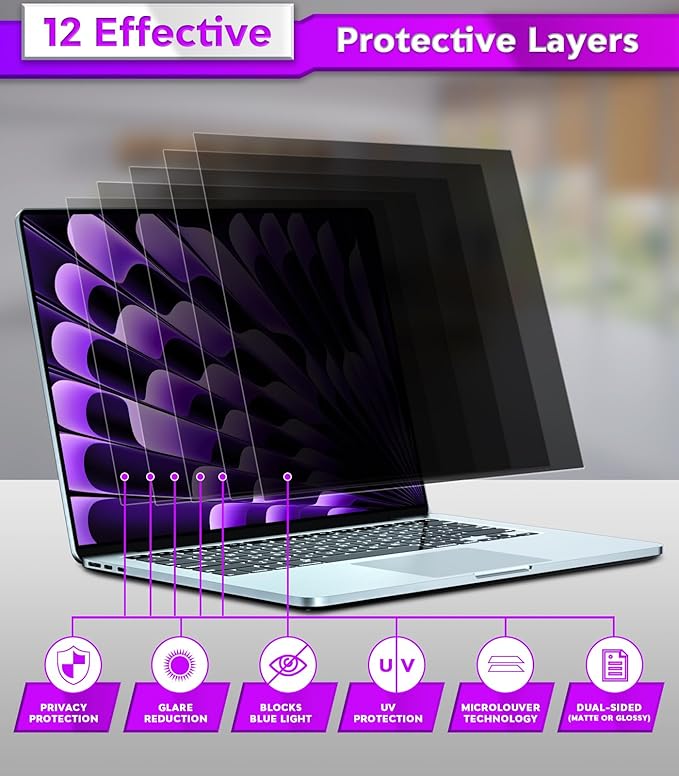 PYS Privacy Screen Protector for MacBook Air 15 Inch (2023-2025, M2, M3, M4) - Nano Attach, Anti-Spy, Reusable & Removable, Blue Light & UV Blocking, Case Friendly