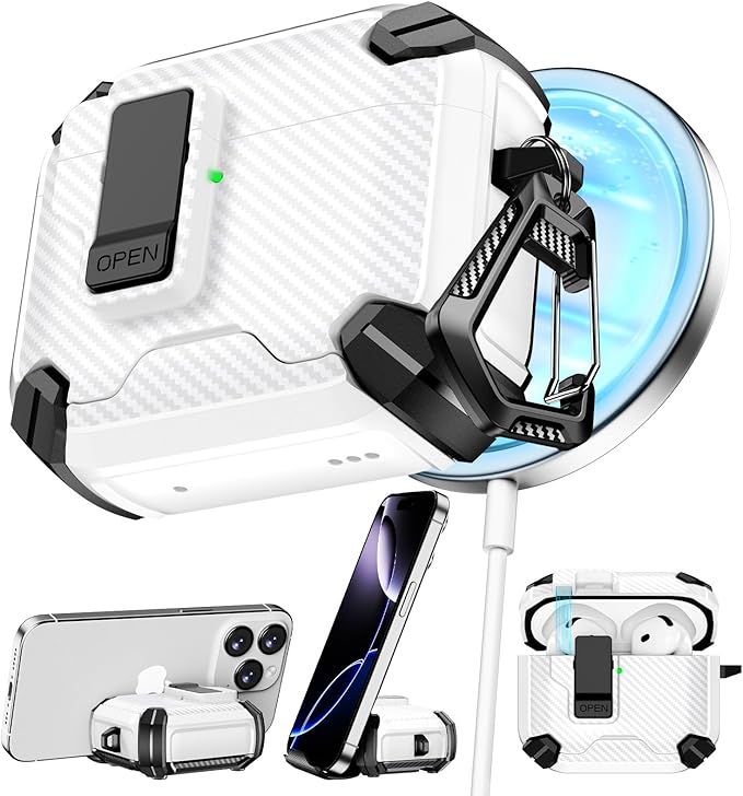 Compatible with AirPods 4 Case,Magnetic Automatic Lock with Phone Stand & Cleaning Kit,Compatible with Magsafe,Carbon Fiber Texture Cover -White