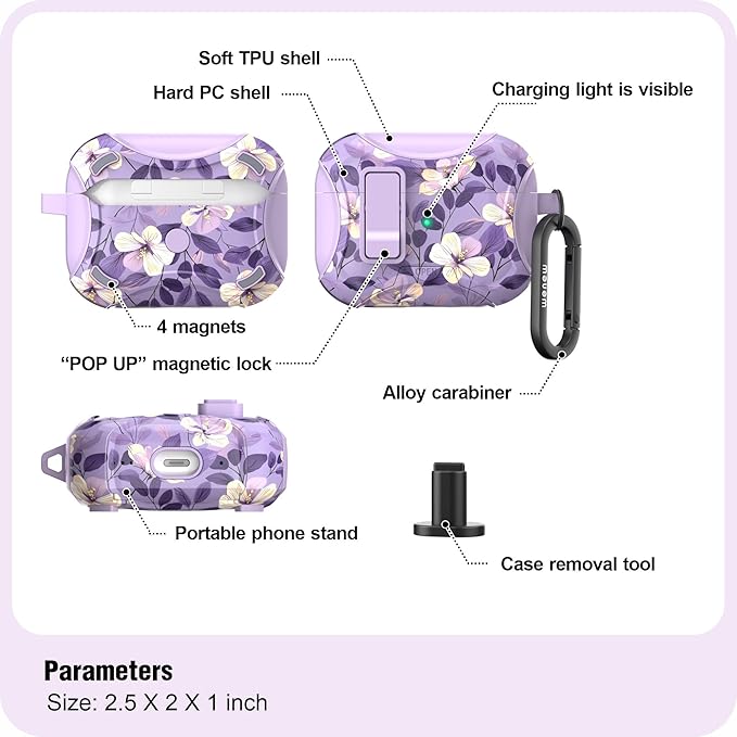 wenew Compatible with AirPods Pro 3 Generation (2025) Case Cover with Phone Stand, Cleaning Kit, Lanyard, Compatible with Magsafe, Magnetic Automatic Lock iPod Pro 3 Case (Purple 2, AirPods Pro 3)