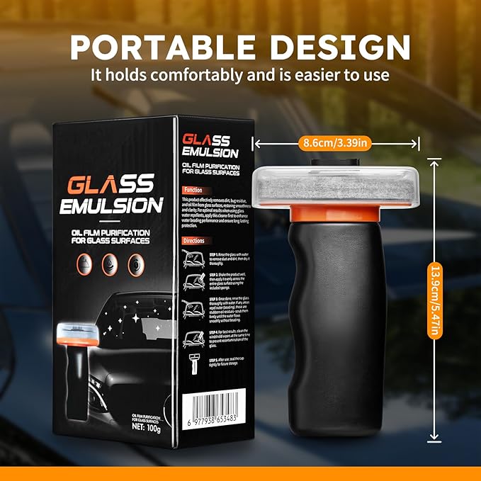 Glass Oil Film Remover for Car Windshield, Handheld Roll-On Glass Emulsion Cleaner with cleaning board, Removes Stubborn Oil Film & Grime for Improved Windshield Clarity for Safe Driving (3.38oz)