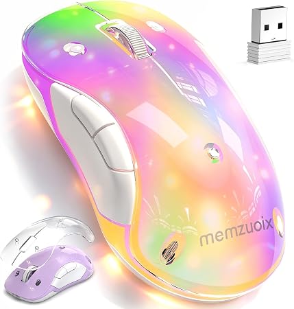 qaf 2.4G Wireless RGB Rechargeable Mouse, Transparent Computer Mouse with Detachable Magnetic DIY Cover,1400 DPI Optical Tracking, 5 Buttons, USB‑C Charging for Laptop PC Desktop MacBook (Purple)