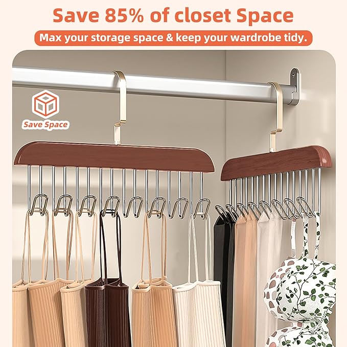 2 Pack Belt Hanger,Wooden Belt Organizer for Closet, 360° Rotating Tie & Belt Rack for Storage with 16 Hooks, Sturdy Belt Holder Space Saver for Belt, Tie, Bra, Scarf, Tank Top Accessories