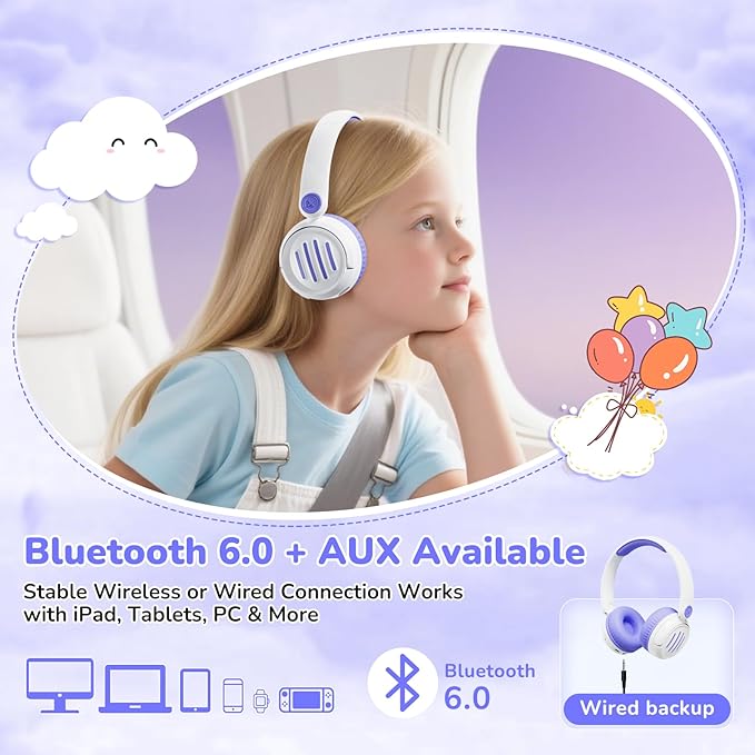 Kids Bluetooth Headphones Wireless On-Ear with USB-C Fast Charge,Microphone & 85dB Volume Limiter,Foldable Lightweight Toddler Headphones with AUX for School Travel (White)