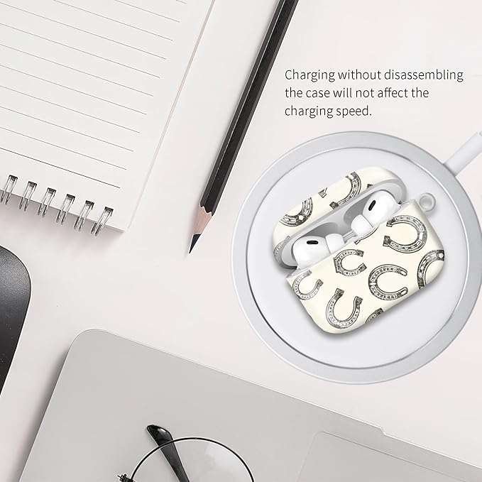 Compatible with Airpod pro 2nd/1st Generation Case Cover with Gold Round Keychain Cute Pattern Hard & Anti Slip Cover for Men Women & Girls（Horseshoe Print）