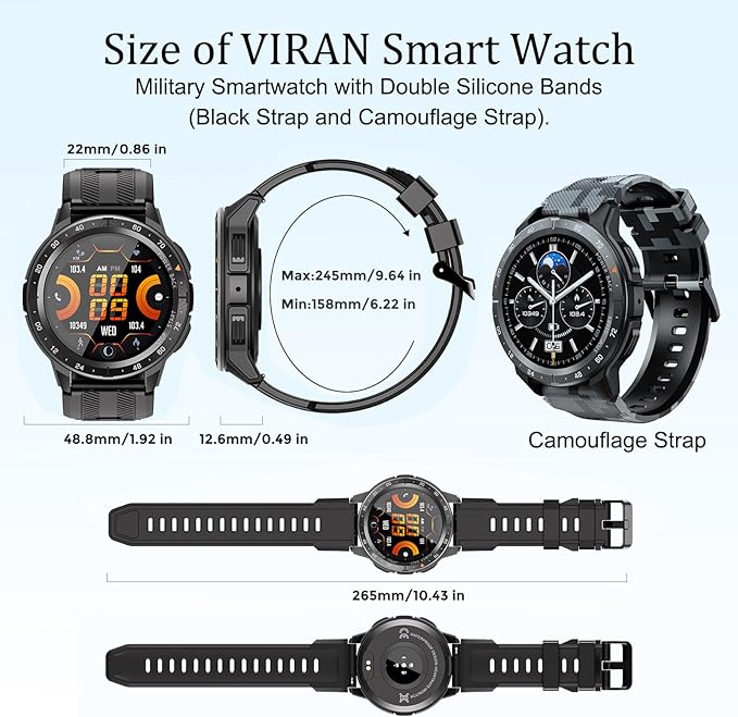 VIRAN Military Smart Watches for Men, 5ATM Waterproof Rugged Smart Watch with Bluetooth Call (Answer/Dial Call), Outdoor Fitness Tracker Watch with 100+ Sport Modes for Android and iOS (Black)