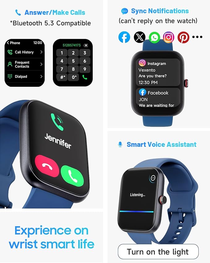 TOOBUR Smart Watch for Men Women, Alexa Built-in, Answer/Make Calls, 1.91" HD Screen Fitness Watch, IP68 Waterproof, 100 Sports, Heart Rate Monitor, Sleep Tracker, Compatible Android iOS, Blue