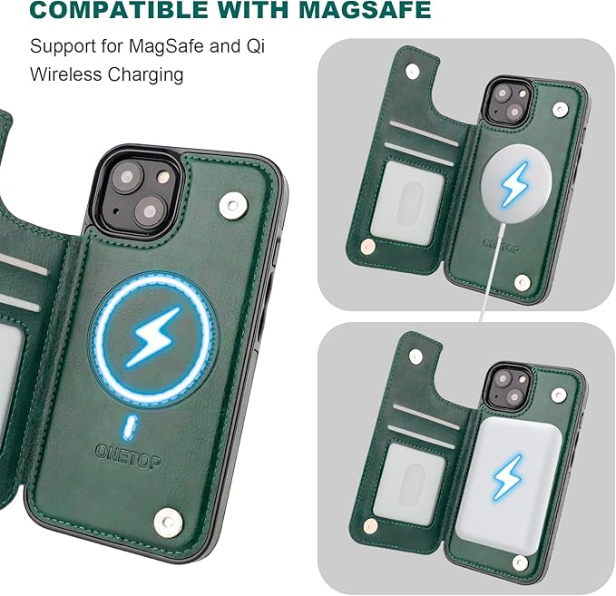 ONETOP Compatible with Magsafe for iPhone 13 Wallet Case with Card Holder, PU Leather Kickstand RFID Blocking Case, Double Magnetic Clasp and Durable Shockproof Cover 6.1 Inch (Green)