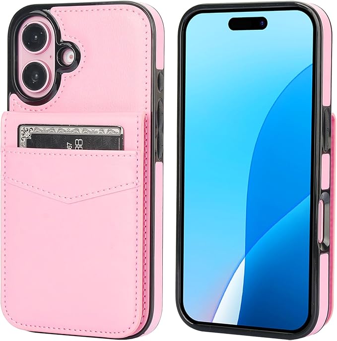 KIHUWEY Compatible with iPhone 16 Case Wallet with Credit Card Holder, Flip Premium Leather Magnetic Clasp Kickstand Heavy Duty Protective Cover for iPhone 16 6.1 Inch (Pink)