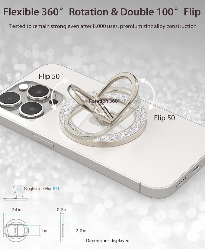 Magnetic Phone Grip for Magsafe Phone Ring Holder Finger Kickstand, Twinkle Transparent Magnetic Double Ring Holder for iPhone 16 15 14 13 12 Pro Max Plus (Titanium)