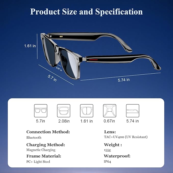 Blackview Smart Glasses, 5.3 Bluetooth Sunglasses with Open Ear Speaker, Voice Assistant Compatible, Blue Light Blocking Lens